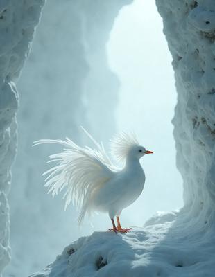 The primary subject of the image is a white bird with a long tail, standing on a rocky surface. The bird appears to be looking at the camera. The setting is a rocky area with a cave-like structure in the background. The visual style of the image is a photo, capturing the bird in its natural habitat. The colors and mood of the image are predominantly white and gray, giving it a calm and serene atmosphere.